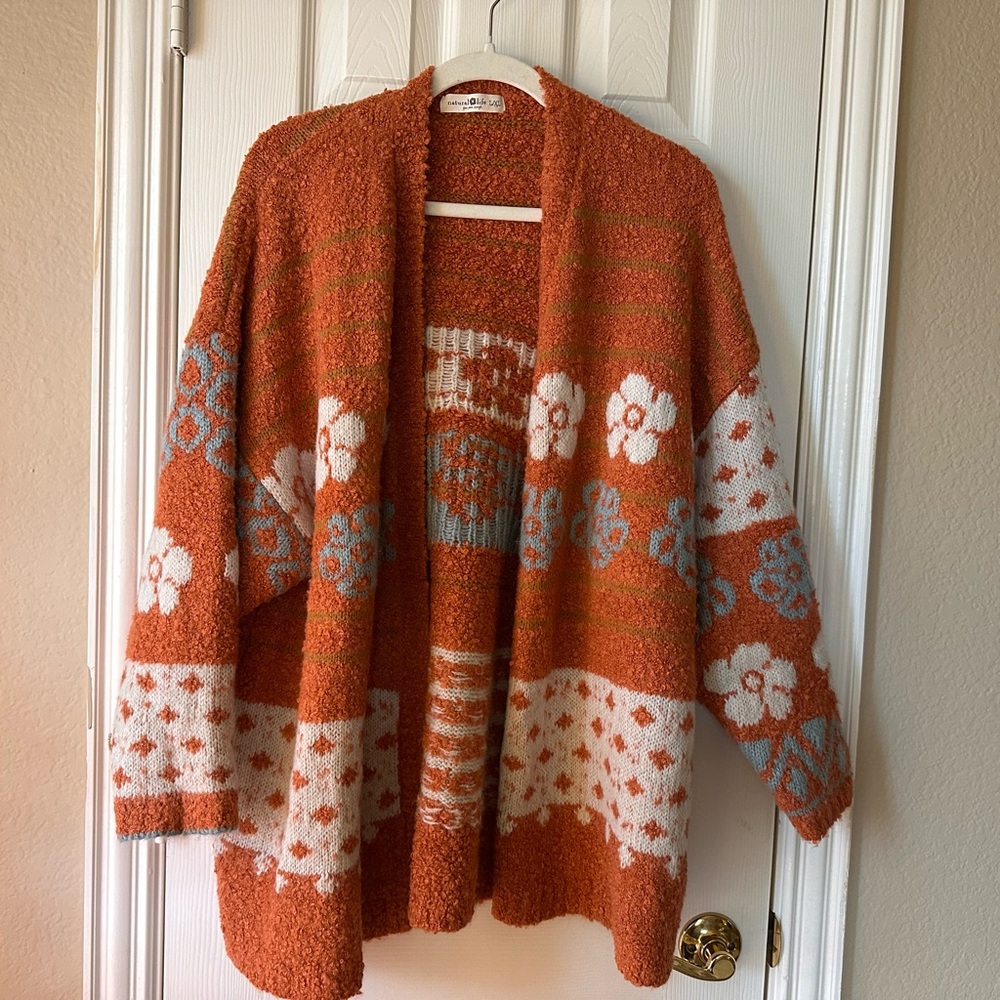 NATURAL LIFE Calla Jacquard Cardigan Sweater - Rust sz XL